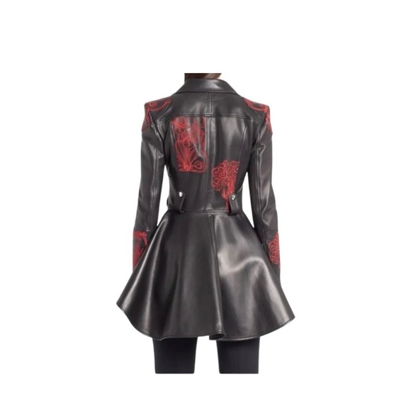 Alexander McQueen Zip Front Embroidered Peplum Leather Moto Jacket, Black, IT38 - Picture 9 of 12
